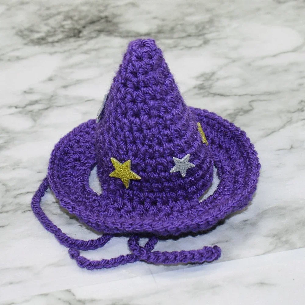 HAND CRAFTED Crochet Halloween Wizard Hat Moon Stars Costume Photo Prop Purple - Picture 7 of 11